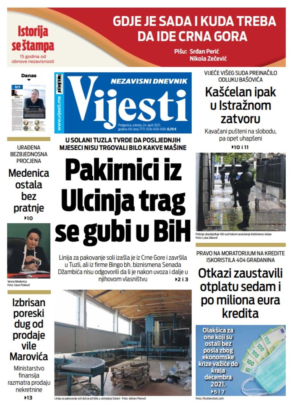 Naslovna strana "Vijesti" za subotu 24. april 2021. godine, Foto: Vijesti