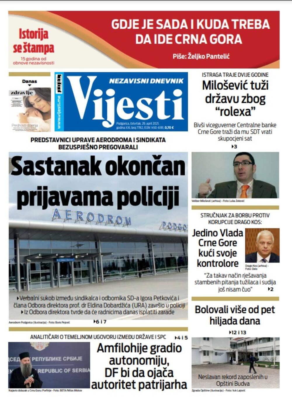 Naslovna strana Vijesti za 29. april 2021., Foto: Vijesti