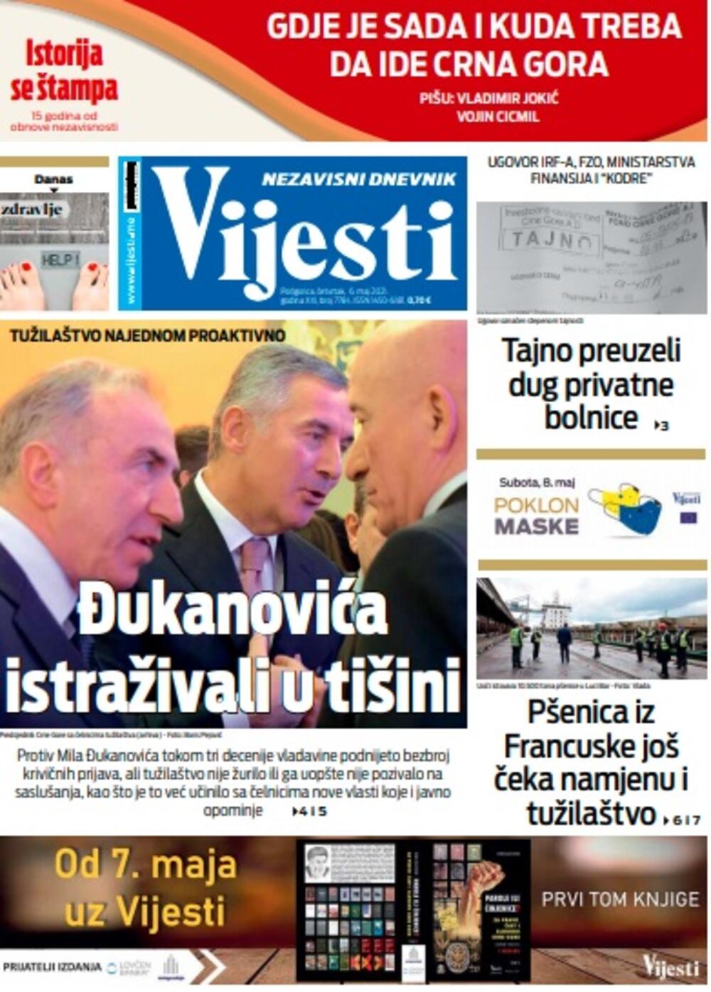 Naslovna strana "Vijesti" za četvrtak 6. maj 2021. godine, Foto: Vijesti