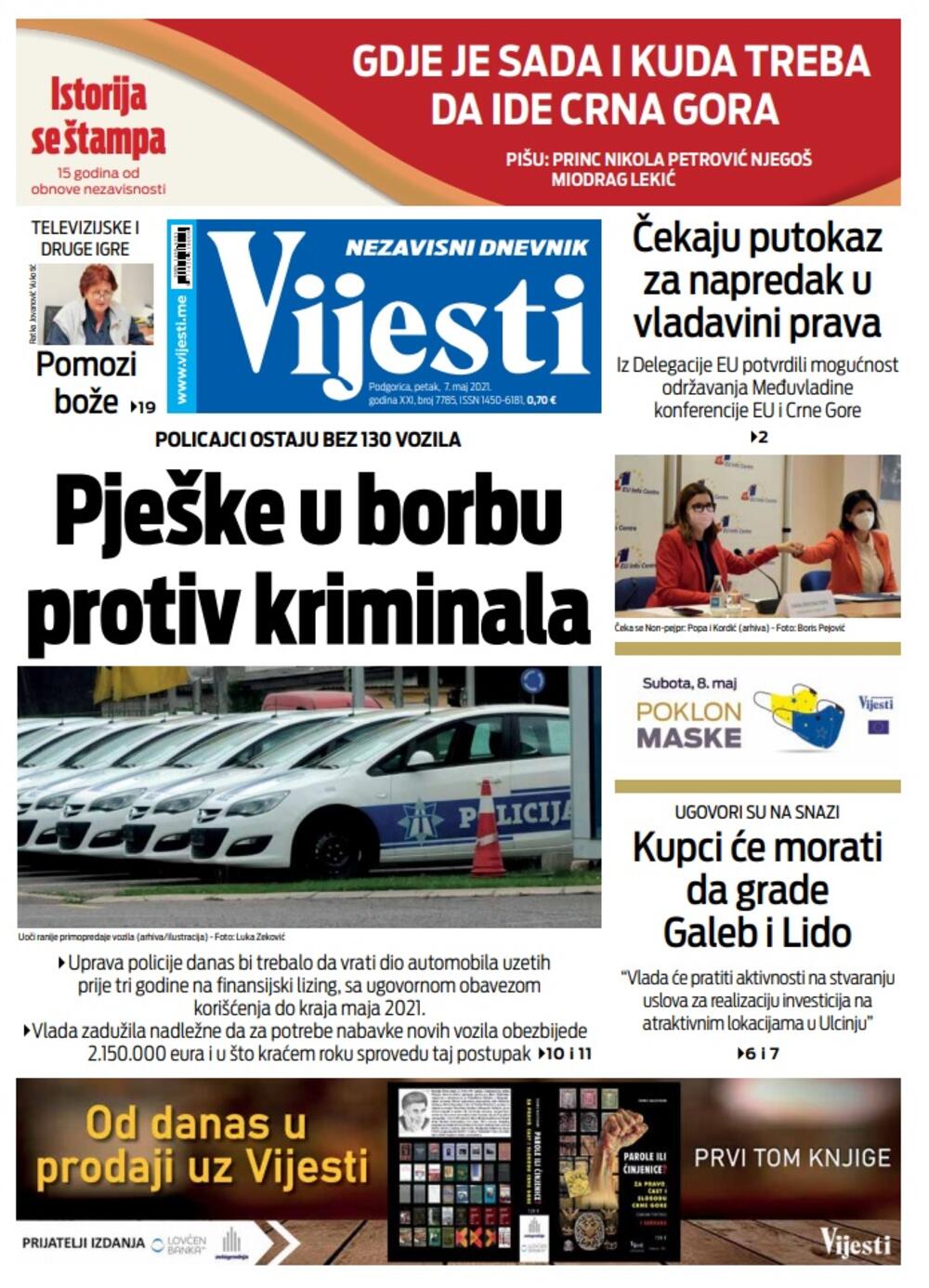 Naslovna strana "Vijesti" za petak 7. maj 2021. godine, Foto: Vijesti