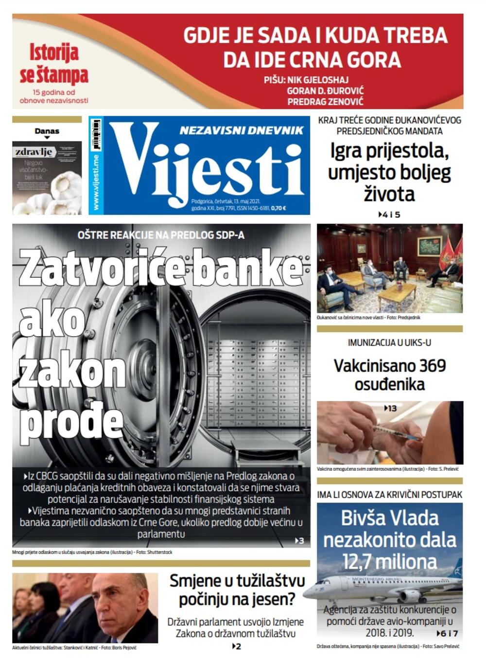 Naslovna strana "Vijesti" za četvrtak 13. maj 2021. godine, Foto: Vijesti