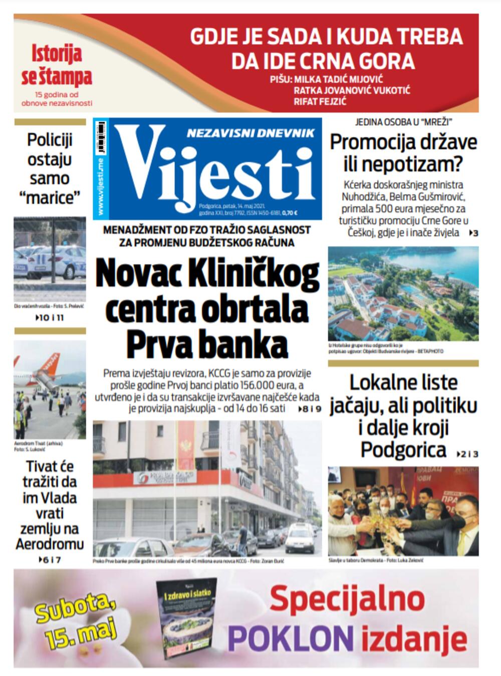 Naslovna strana "Vijesti" za petak 14. maj 2021. godine, Foto: Vijesti