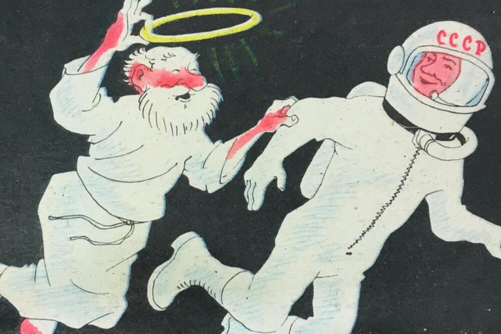 &bdquo;Hajde da se menjamo. Ja tebi oreol, a ti meni šlem!", ovako glasi podrugljivi, sarkastični naslov jednog od plakata iz knjige ateističkih plakata, Foto: FUEL