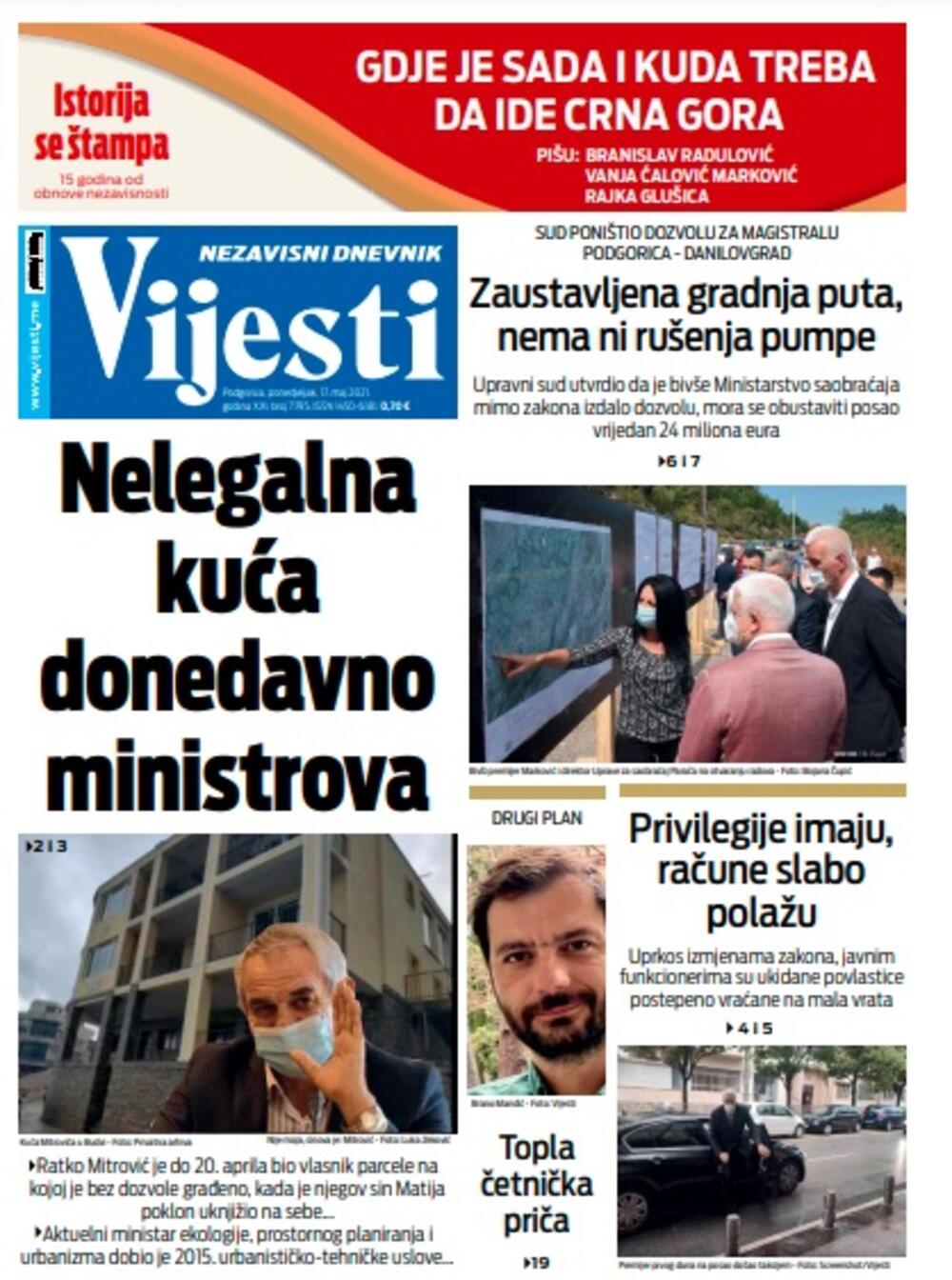Naslovna strana "Vijesti" za ponedjeljak 17. maj 2021. godine, Foto: Vijesti