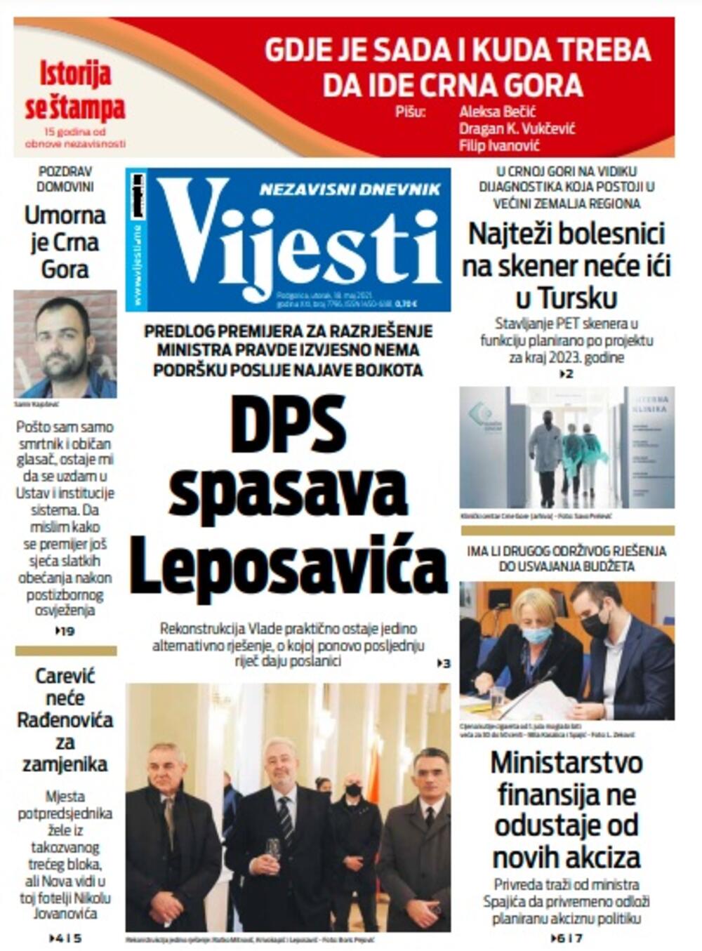 Naslovna strana "Vijesti" za utorak 18. maj 2021. godine, Foto: Vijesti