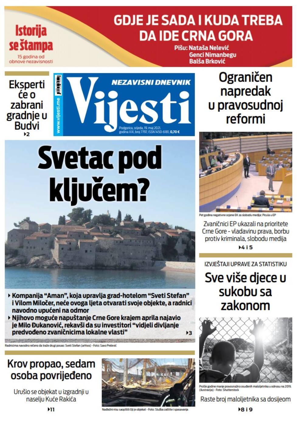 Naslovna strana "Vijesti" za srijedu 19. maj 2021. godine, Foto: Vijesti