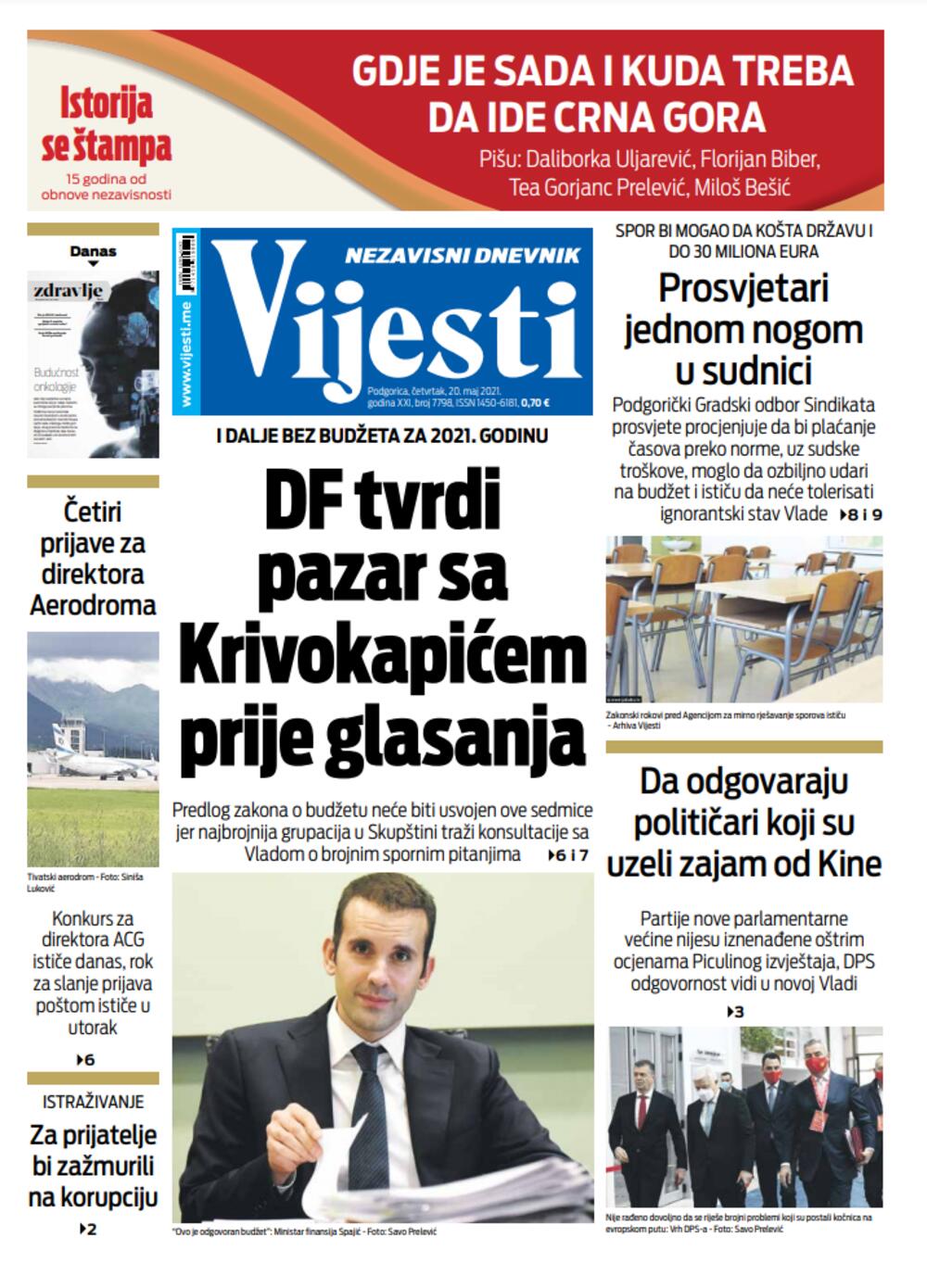 Naslovna strana "Vijesti" za četvrtak 20. maj 2021. godine, Foto: Vijesti