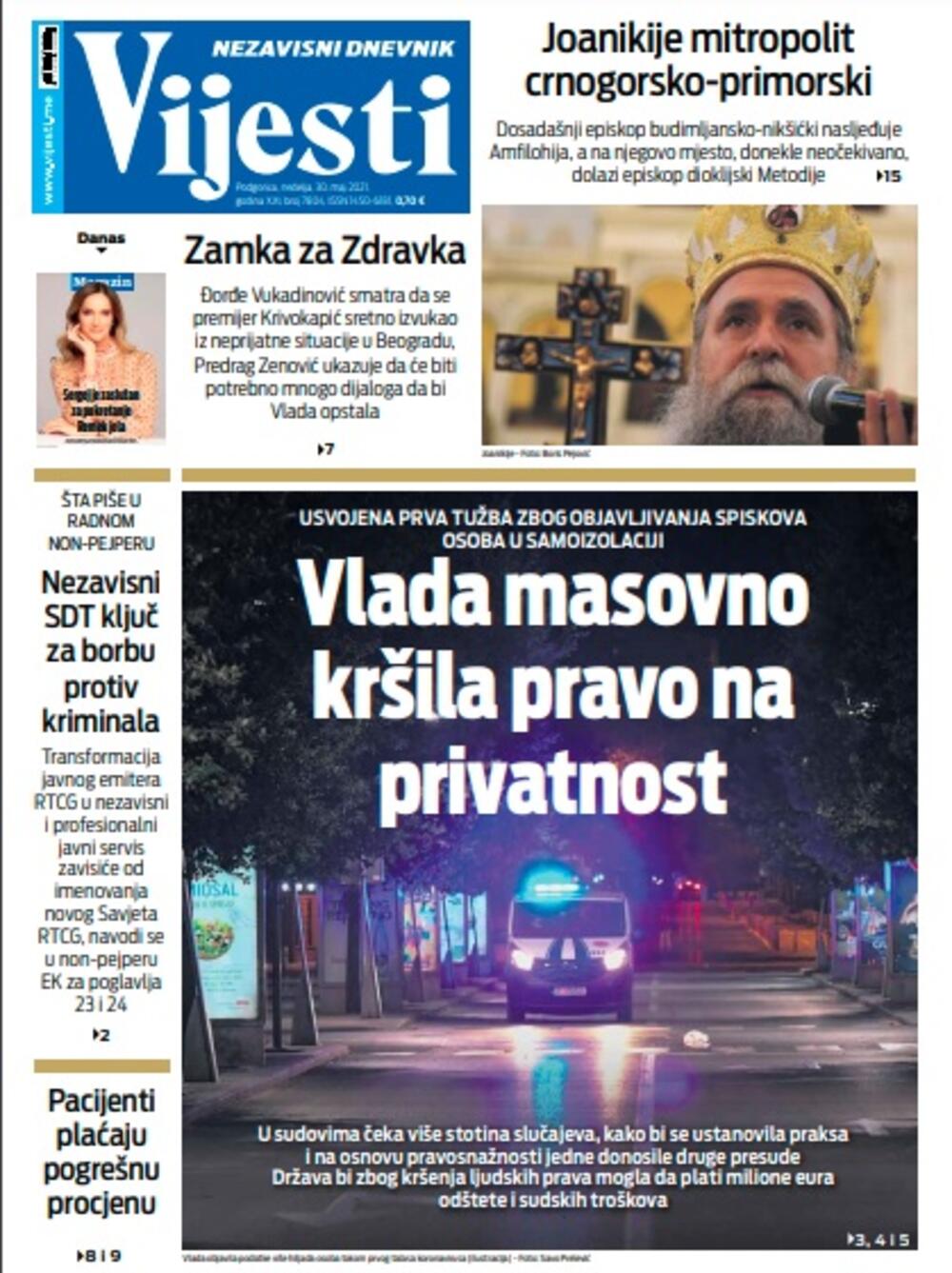 Naslovna strana "Vijesti" za nedjelju 30. maj 2021. godine, Foto: Vijesti