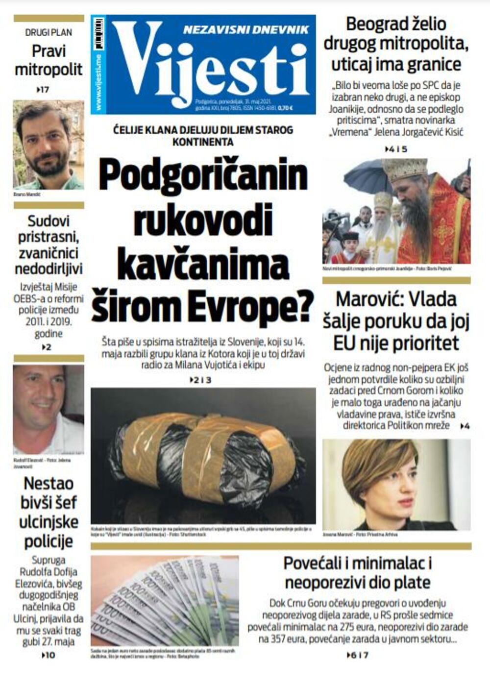 Naslovna strana "Vijesti" za ponedjeljak 31. maj 2021. godine, Foto: Vijesti
