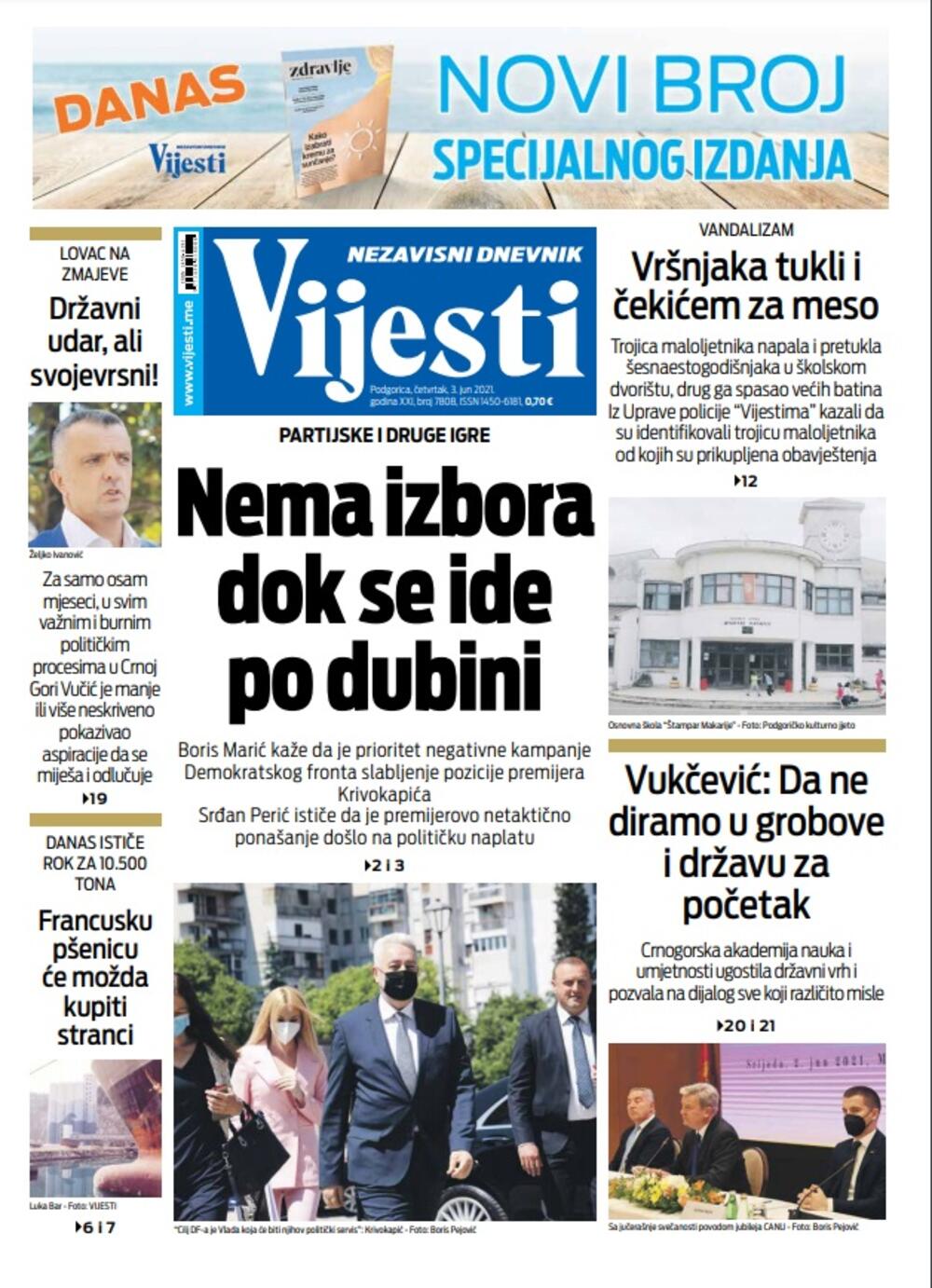 Naslovna strana "Vijesti" za 3.6.2021., Foto: Vijesti