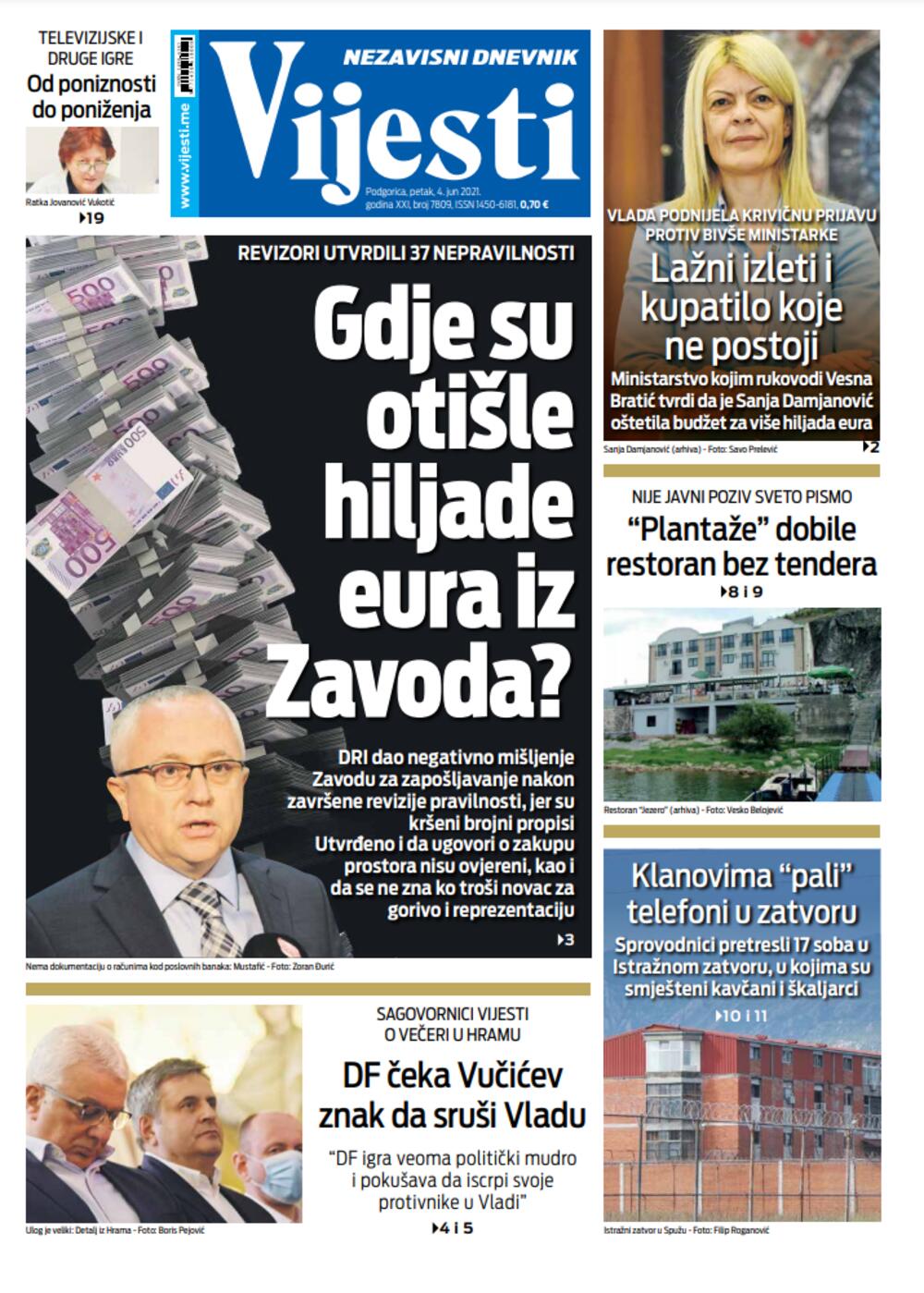 Naslovna strana "Vijesti" 4.jun 2021. godine, Foto: Vijesti