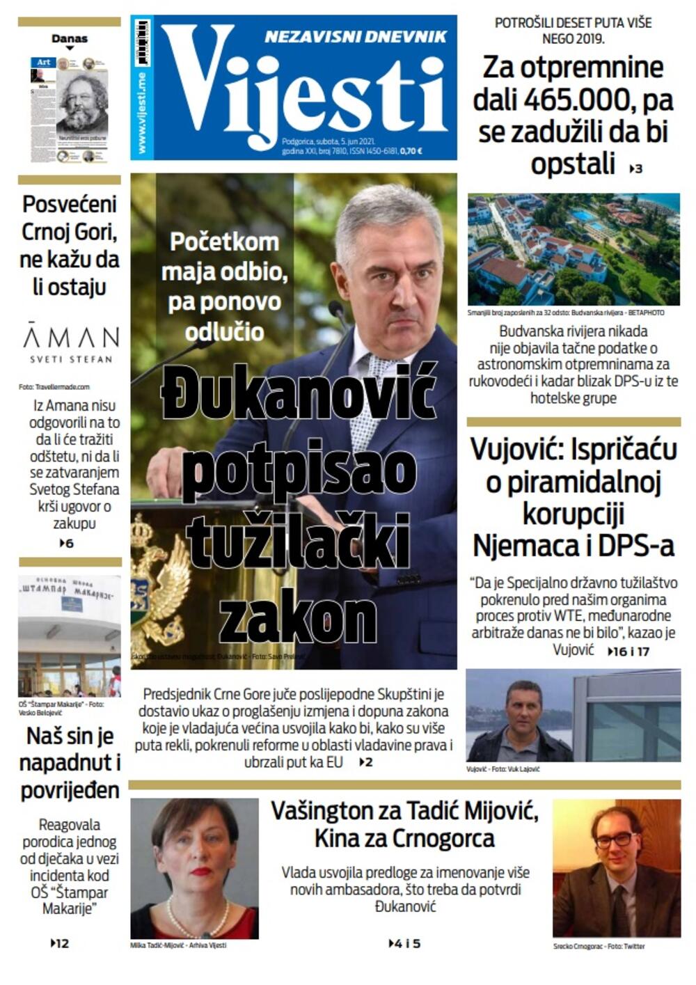 Naslovna strana Vijesti za subotu 5. jun 2021. godine, Foto: Vijesti