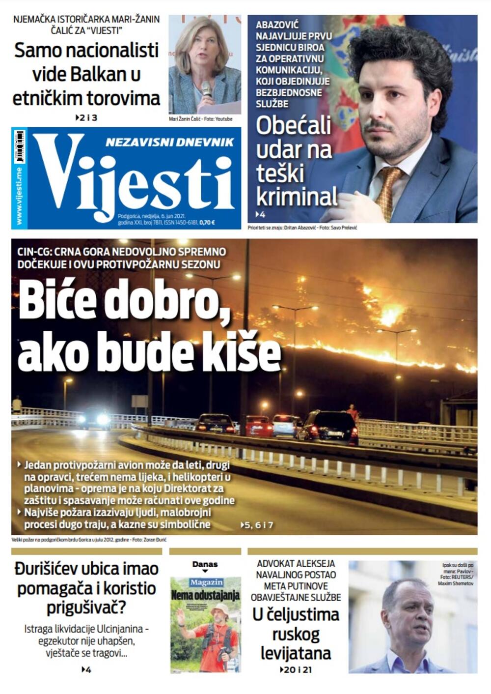 Naslovna strana Vijesti za nedjelju 6. jun 2021. godine, Foto: Vijesti