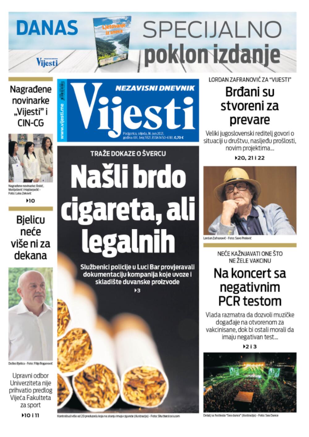 Naslovna strana "Vijesti" za 16. jun 2021.