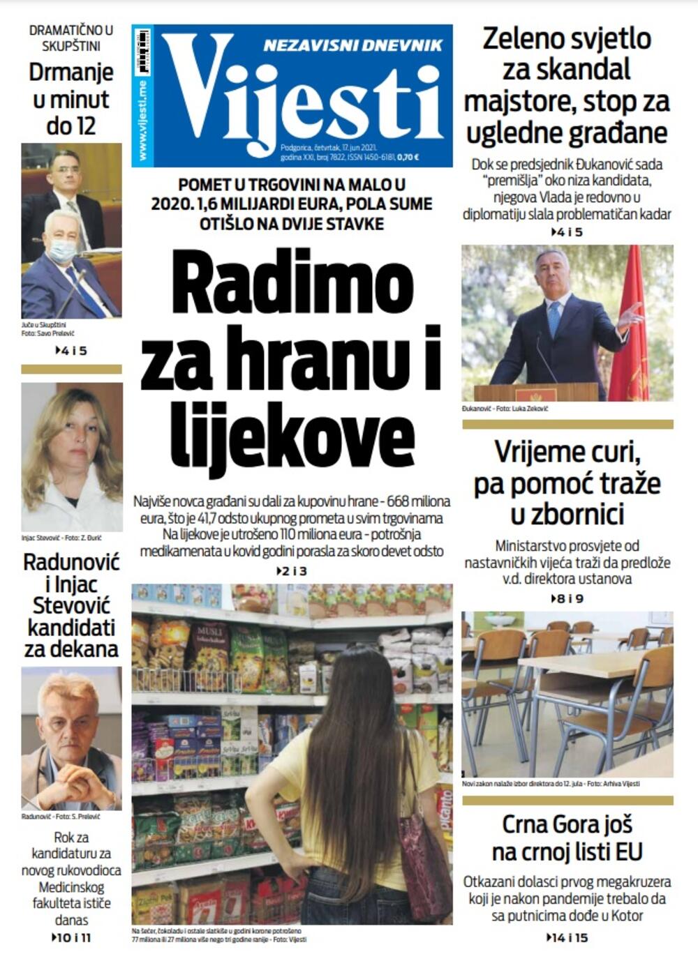 Naslovna strana "Vijesti" za 17. jun 2021., Foto: Vijesti online