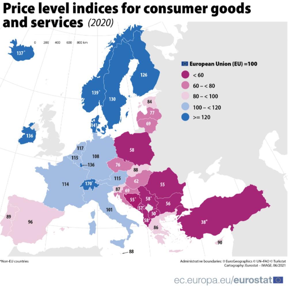 Cijene u Crnoj Gori na 57 odsto evropskog prosjeka, najveće cijene u Švajcarskoj, Skandinaviji i Irskoj a najniže u Tusrkoj 