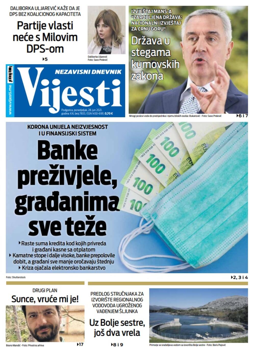 Naslovna strana Vijesti za ponedjeljak 28. jun 2021. godine, Foto: Vijesti