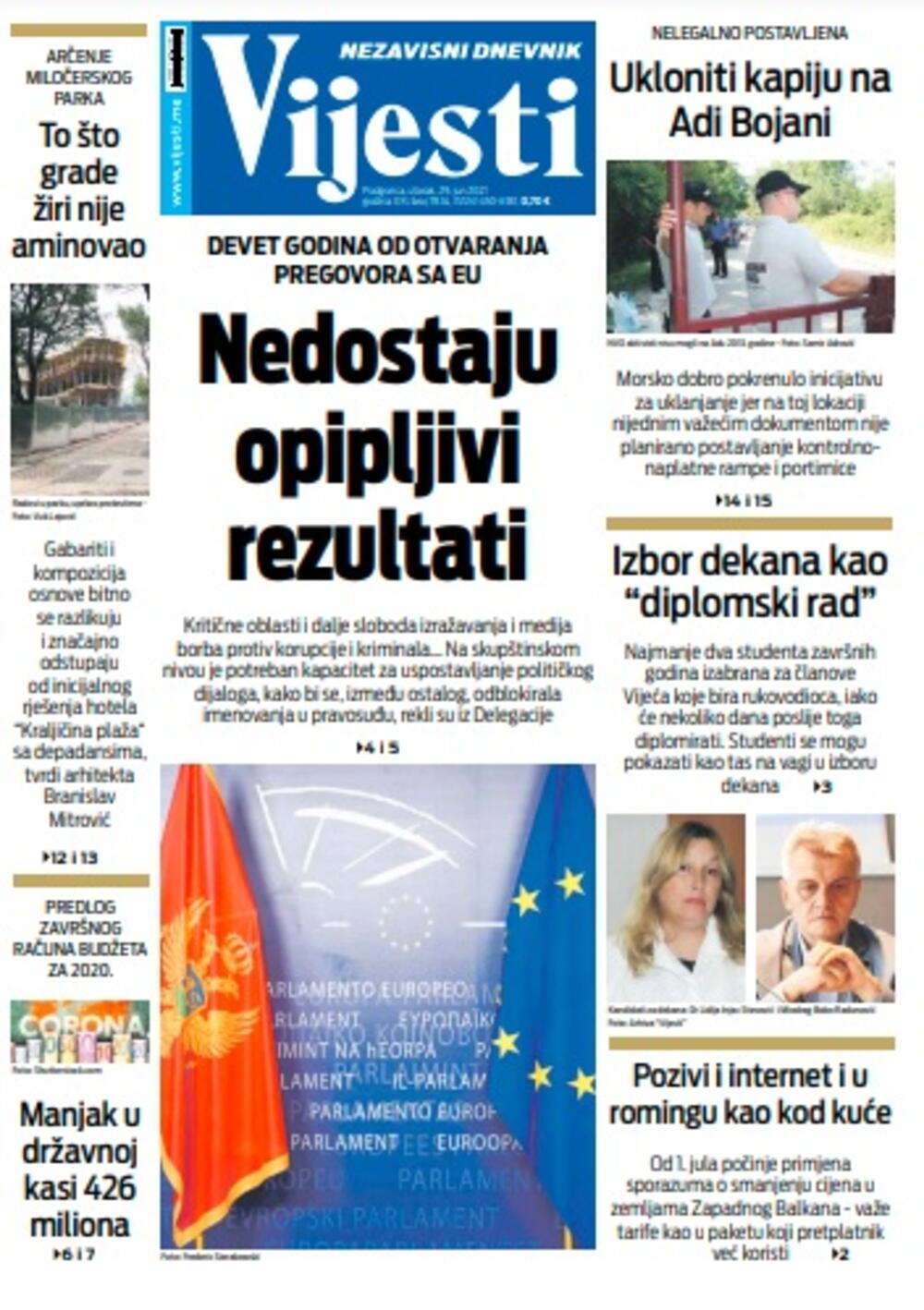 Naslovna strana Vijesti za utorak 29. jun 2021. godine, Foto: Vijesti