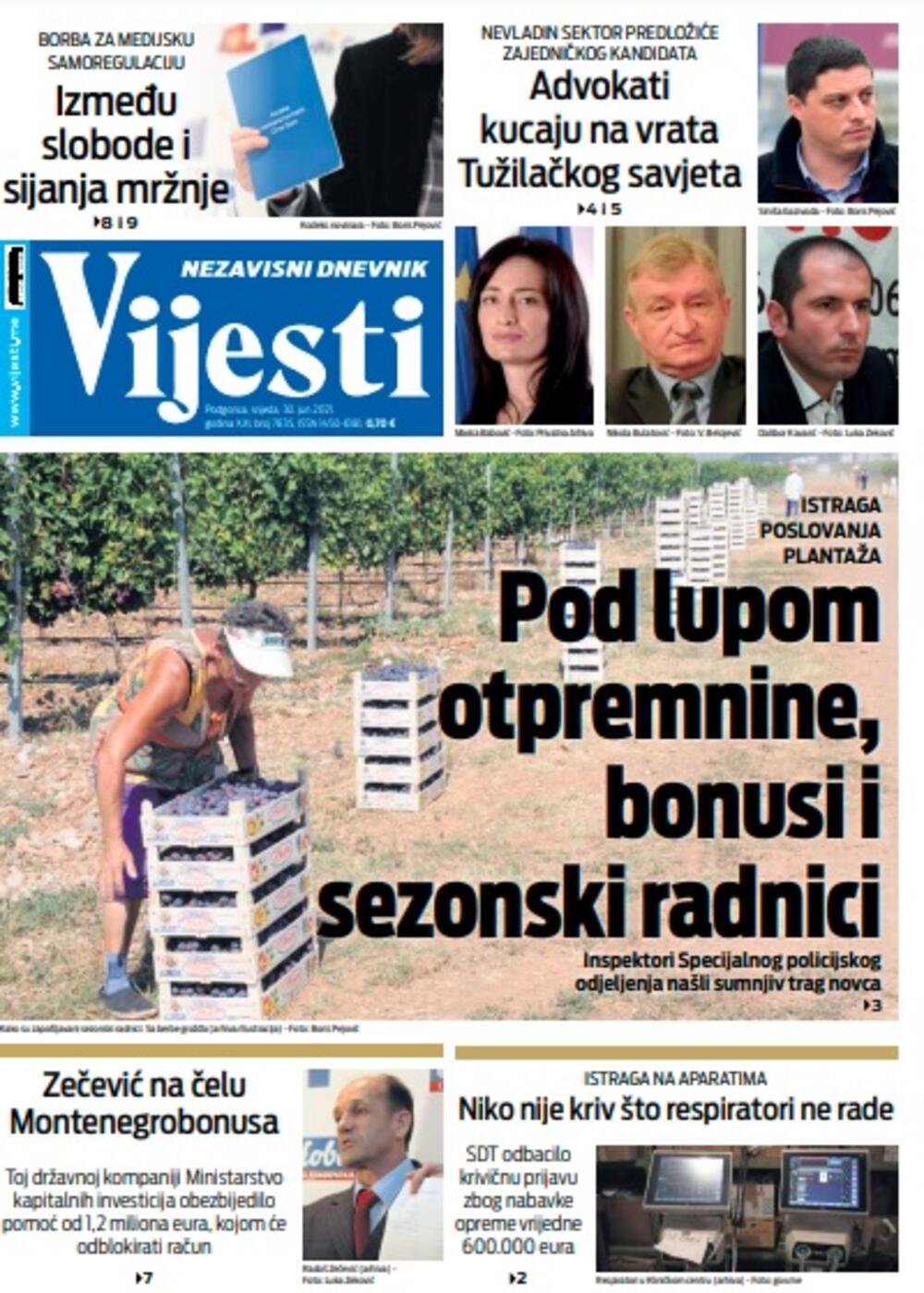Naslovna strana Vijesti za srijedu 30. jun 2021. godine, Foto: Vijesti