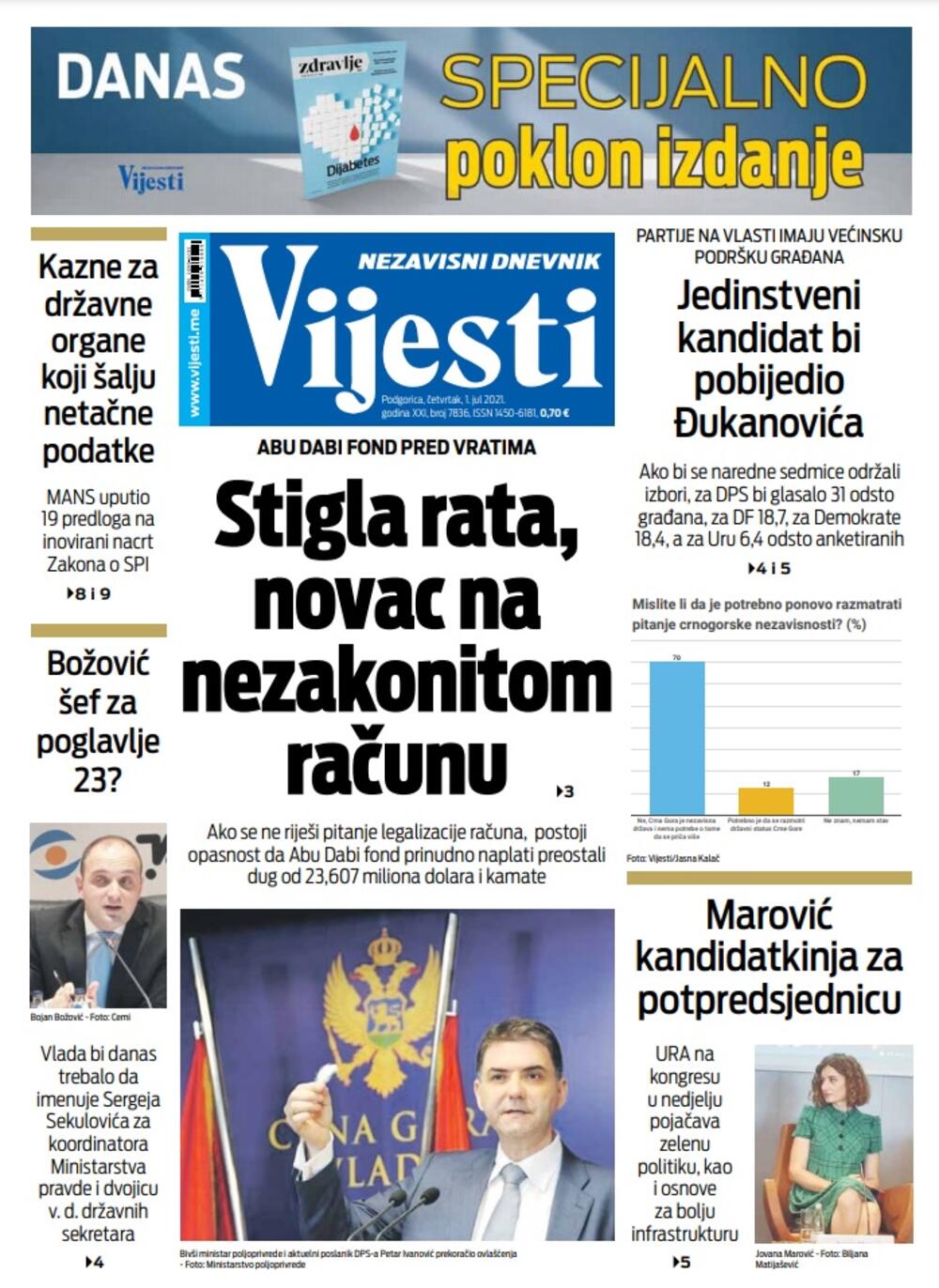 Naslovna strana "Vijesti" za 1. jul 2021., Foto: Vijesti online
