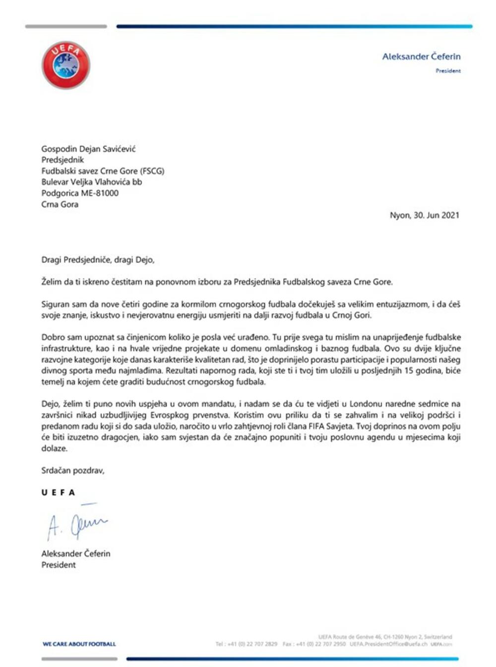 Aleksander Čeferin, Pismo Čeferina