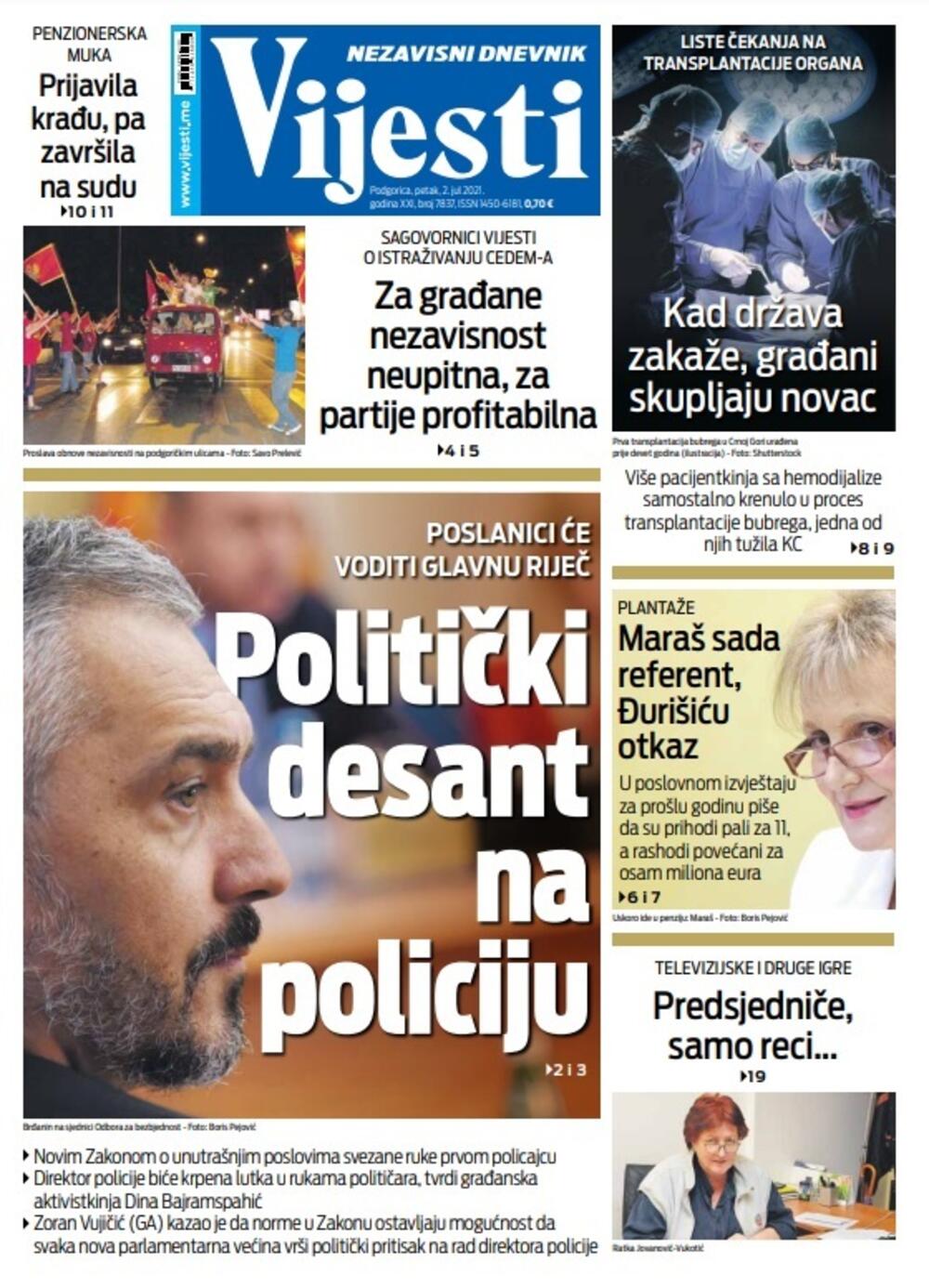 Naslovna strana "Vijesti" za 2. jul 2021., Foto: Vijesti