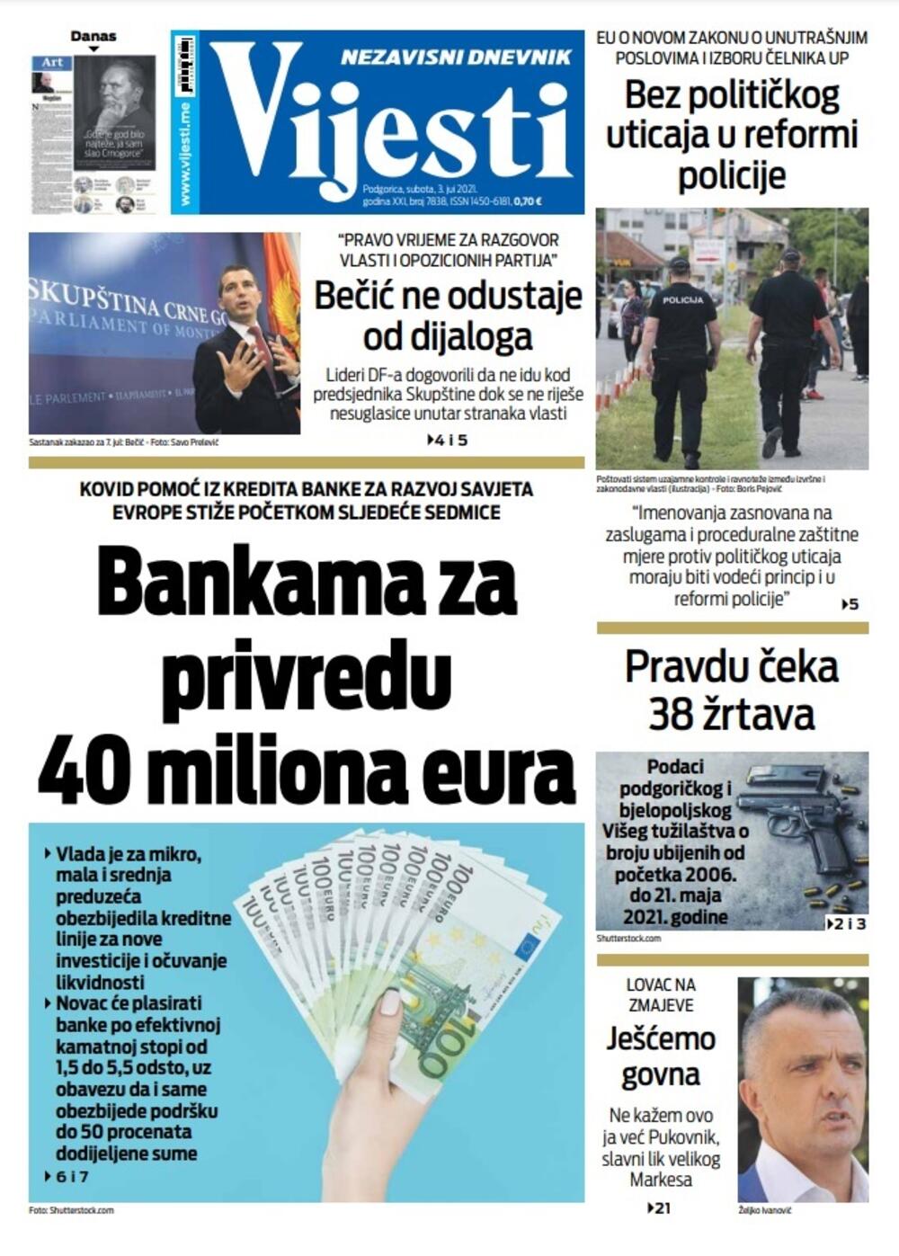 Naslovna strana "Vijesti" za 3.7.2021., Foto: Vijesti