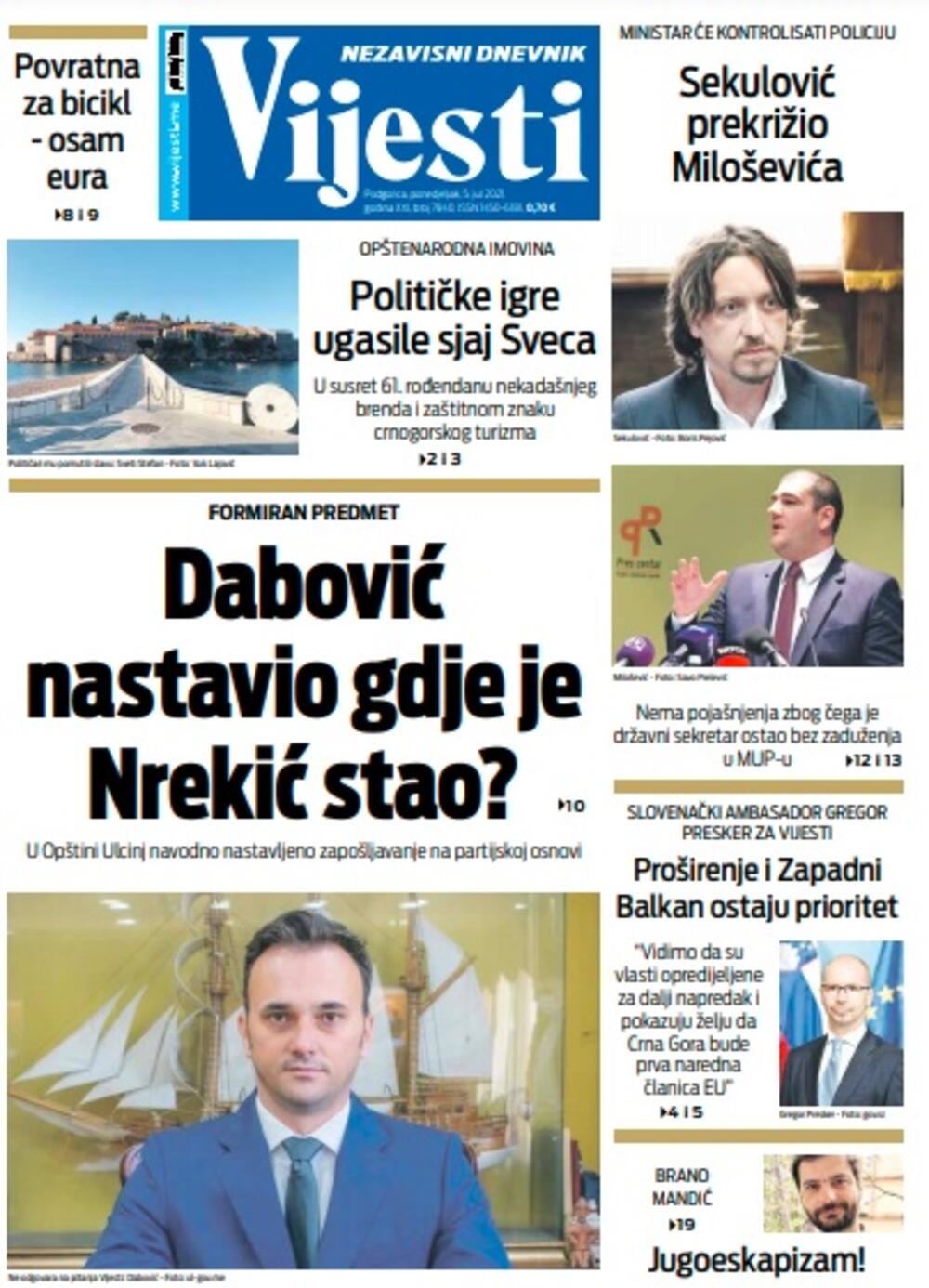 Naslovna strana Vijesti za ponedjeljak 5. jul 2021. godine, Foto: Vijesti