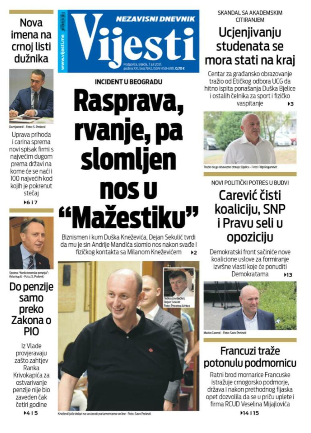 Naslovna strana "Vijesti" za srijedu 7. jul 2021. godine, Foto: Vijesti