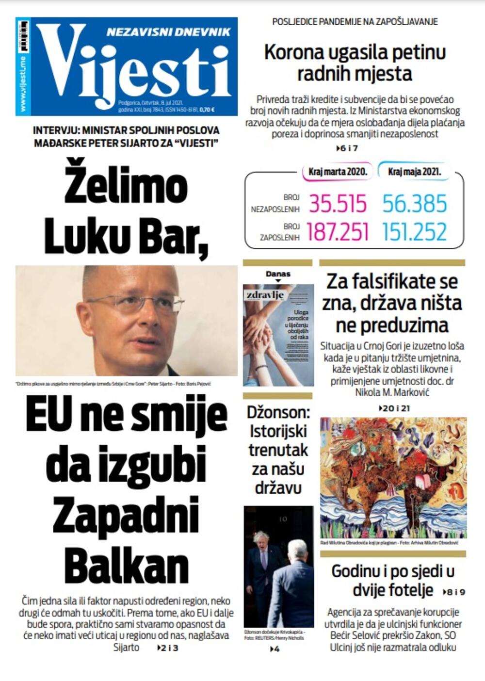 Naslovna strana "Vijesti" za 8. jul 2021., Foto: Vijesti