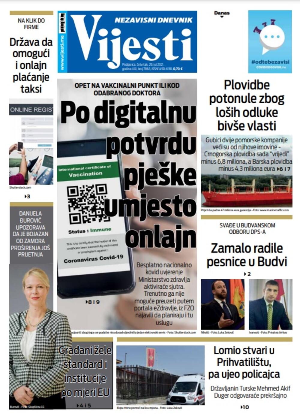 Naslovna strana "Vijesti" za 29. jul 2021., Foto: Vijesti
