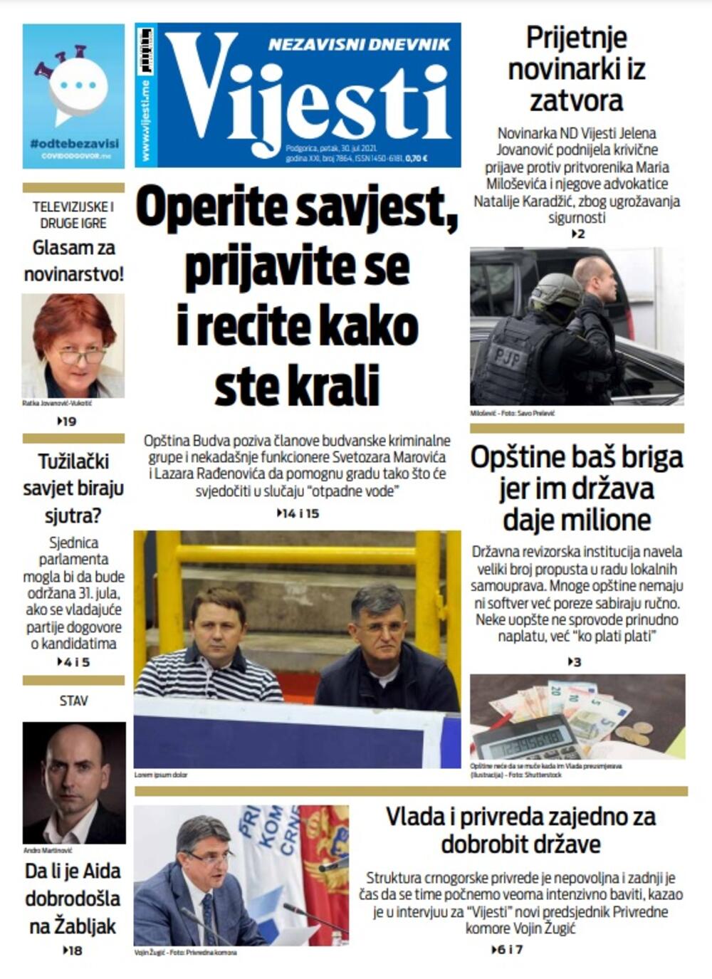 Naslovna strana "Vijesti" za 30. jul 2021., Foto: Vijesti