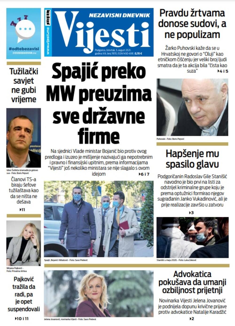 Naslovna strana "Vijesti" 5. avgust 2021. godine, Foto: Vijesti
