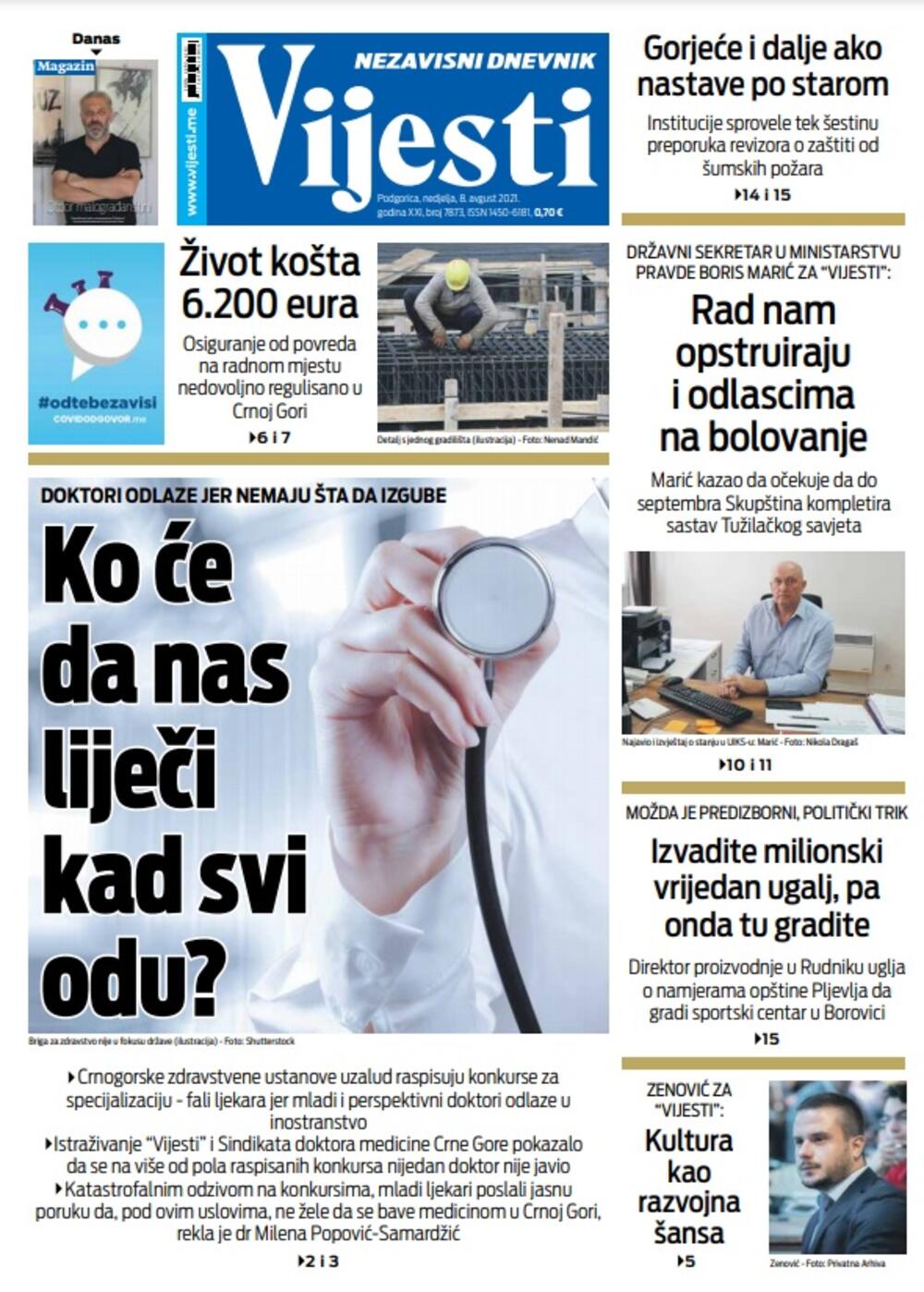 Naslovna strana "Vijesti" za 8. avgust 2021., Foto: Vijesti