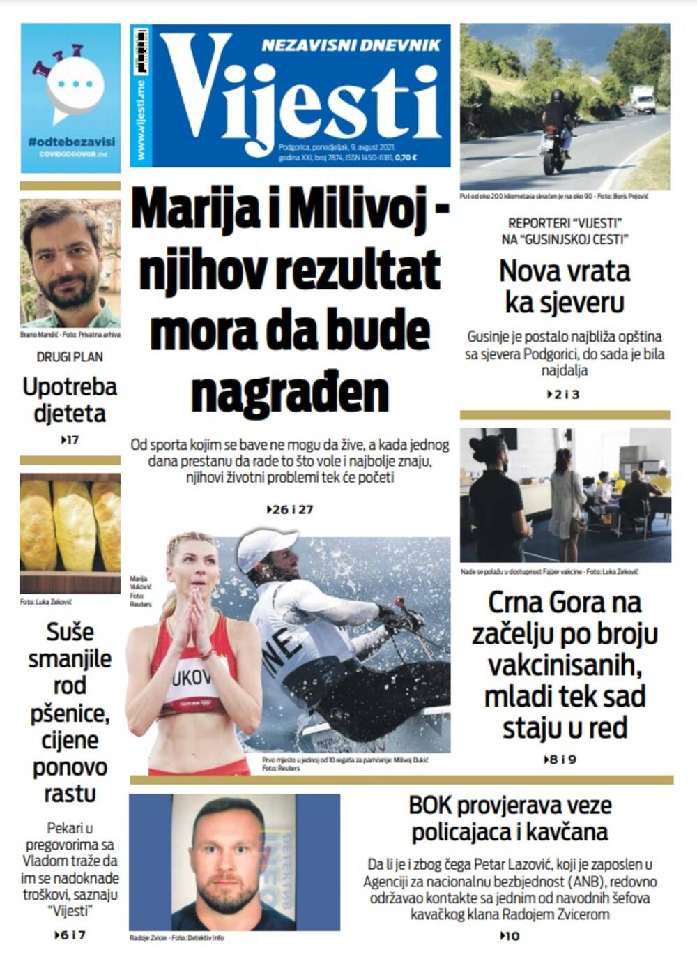 Naslovna strana "Vijesti" za 9. avgust 2021., Foto: Vijesti