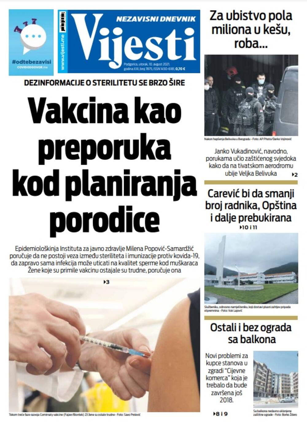 Naslovna strana "Vijesti" za 10. avgust 2021., Foto: Vijesti
