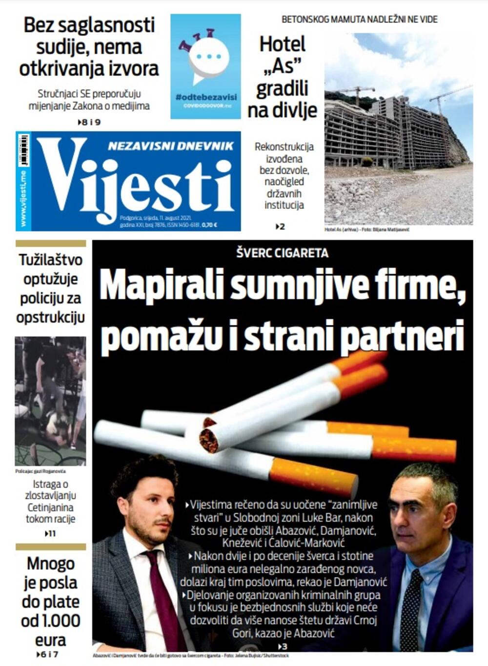 Naslovna strana "Vijesti" za 11. avgust 2021., Foto: Vijesti