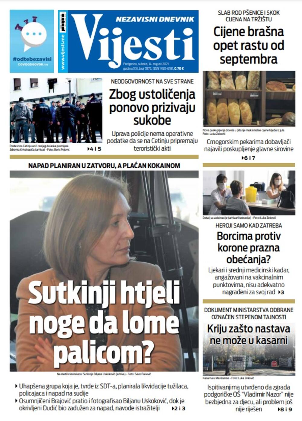 Naslovna strana "Vijesti" za 14. avgust 2021., Foto: Vijesti