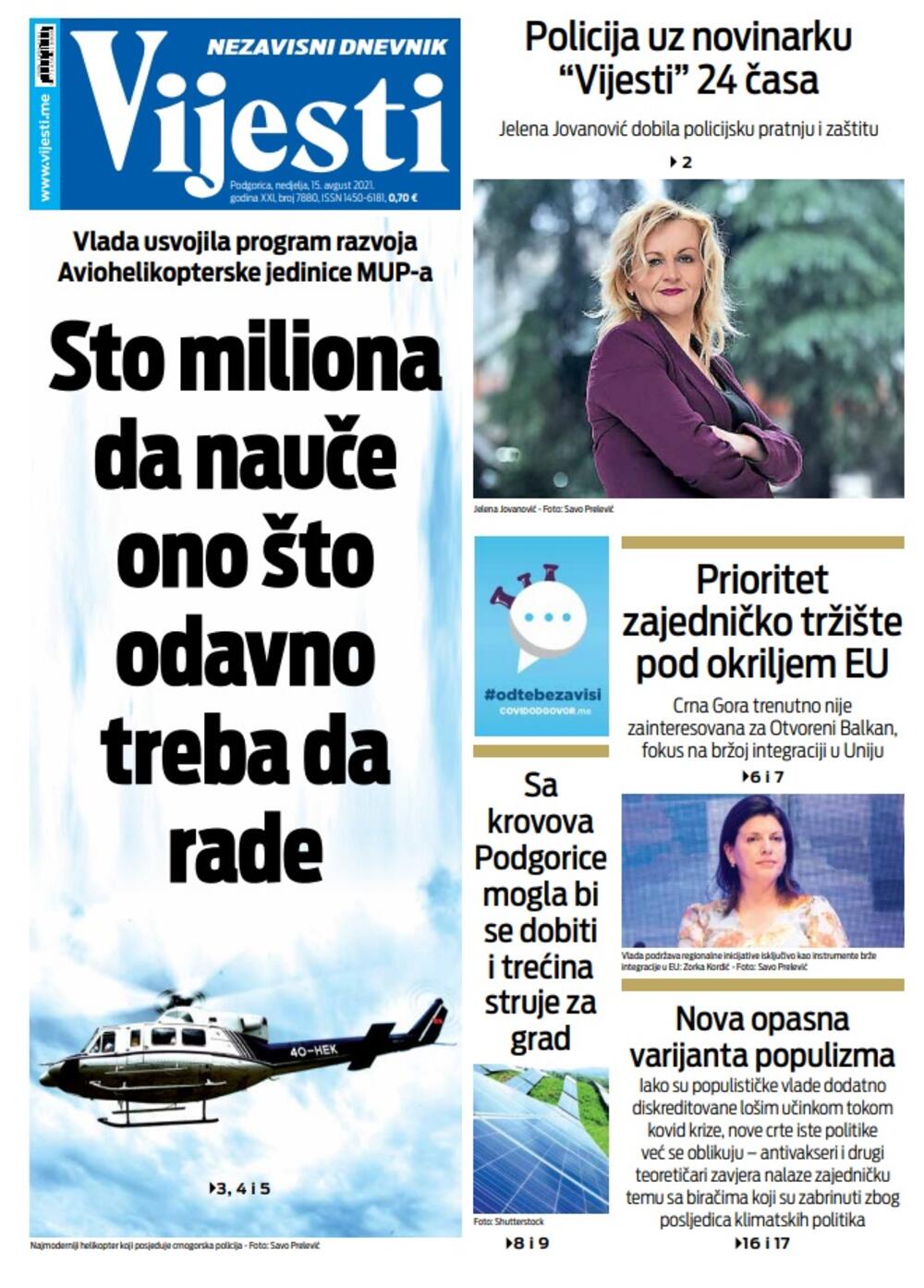 Naslovna strana "Vijesti" za nedjelju 15. avgust 2021. godine, Foto: Vijesti