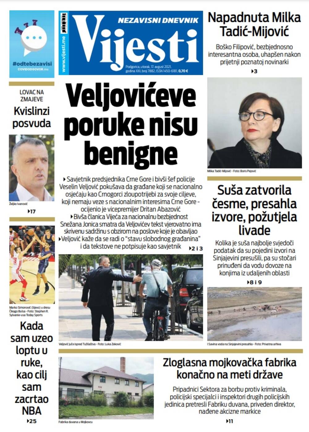 Naslovna strana "Vijesti" za 17. avgust 2021., Foto: Vijesti