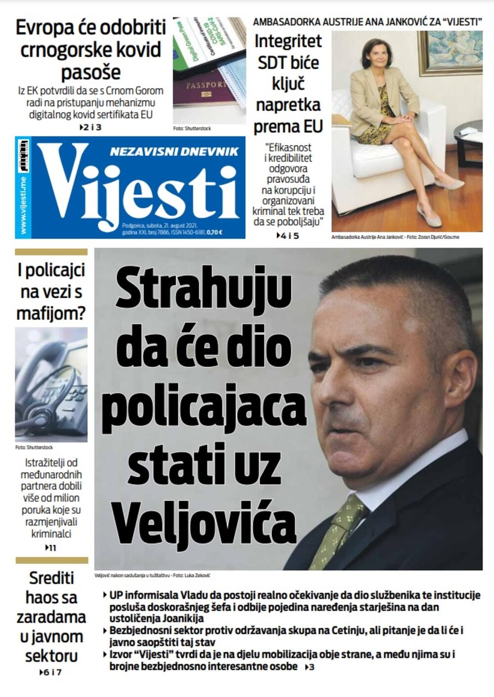 Naslovna strana "Vijesti" za 21. avgust 2021., Foto: Vijesti