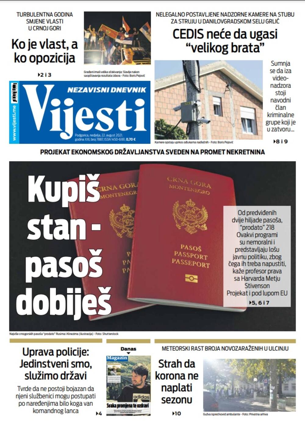Naslovna strana "Vijesti" za 22. avgust 2021. godine, Foto: Vijesti