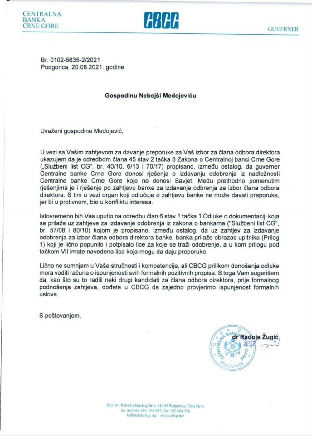 Dopis Žugić Medojević