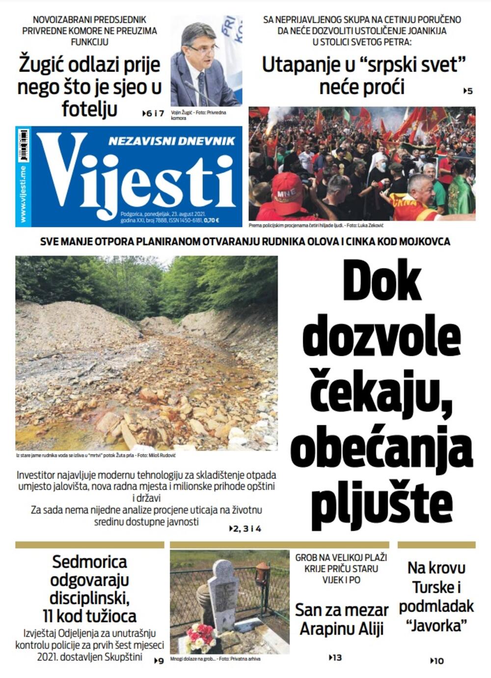 Naslovna strana "Vijesti" za 23. avgust 2021. godine, Foto: Vijesti