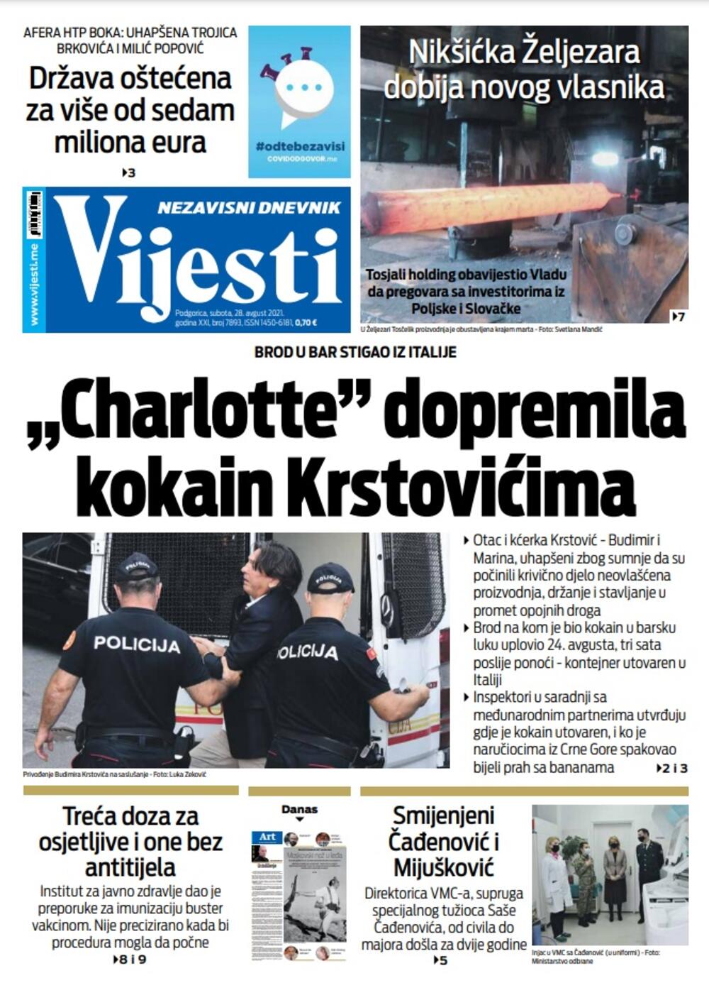 Naslovna strana "Vijesti" za 28. avgust 2021., Foto: Vijesti