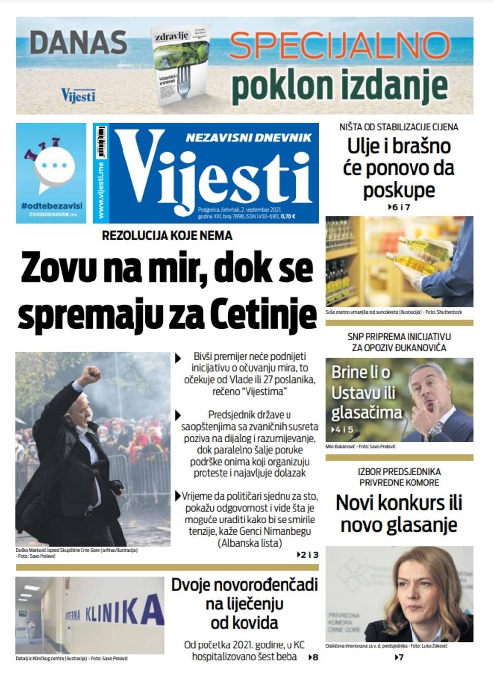 Naslovna strana "Vijesti" za 2. septembar 2021., Foto: Vijesti