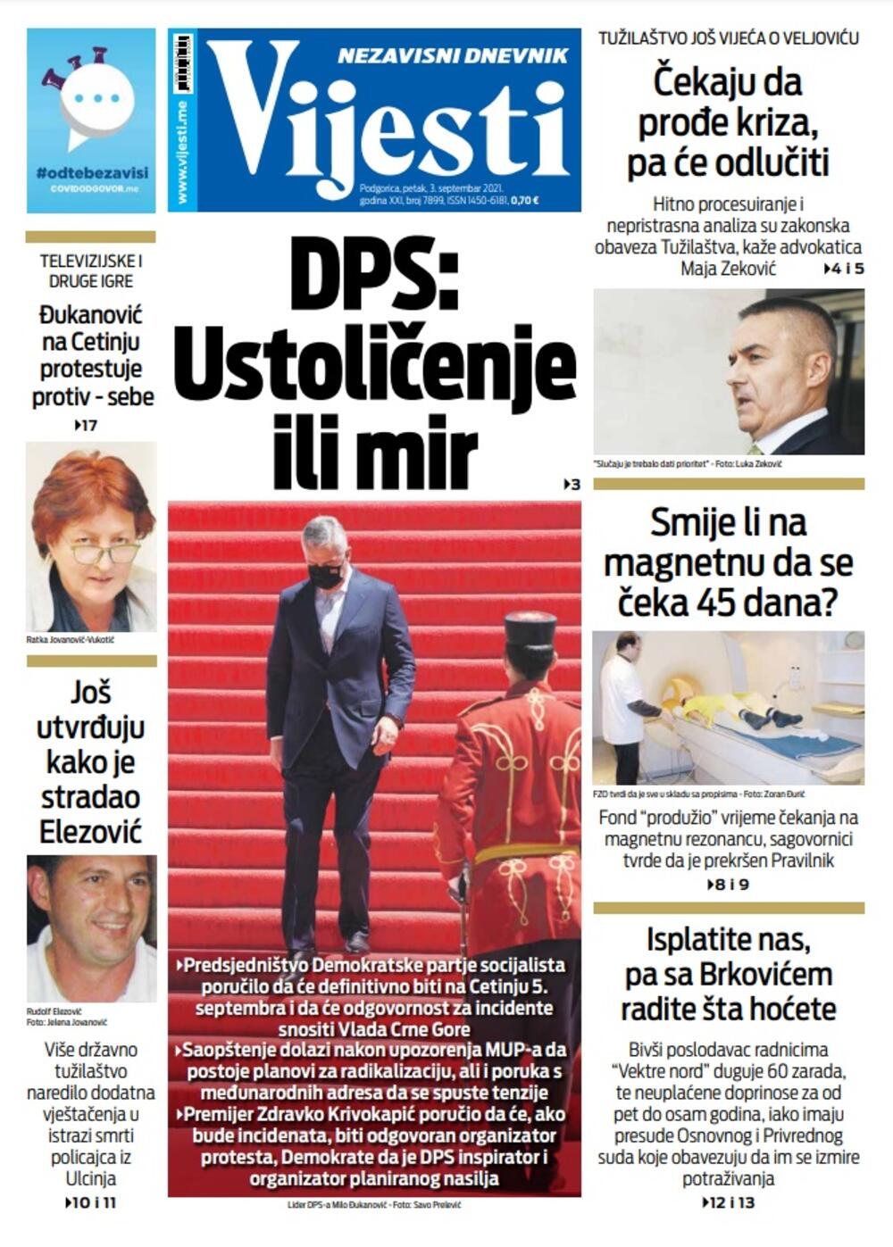 Naslovna strana "Vijesti" za 3. septembar 2021., Foto: Vijesti