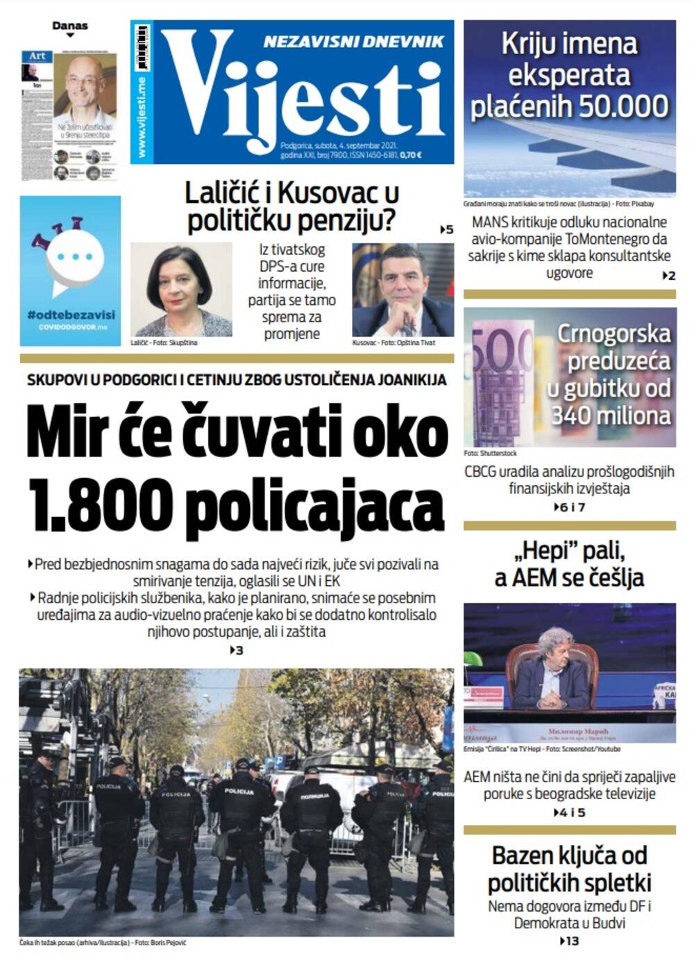 Naslovna strana "Vijesti" za 4. septembar 2021., Foto: Vijesti