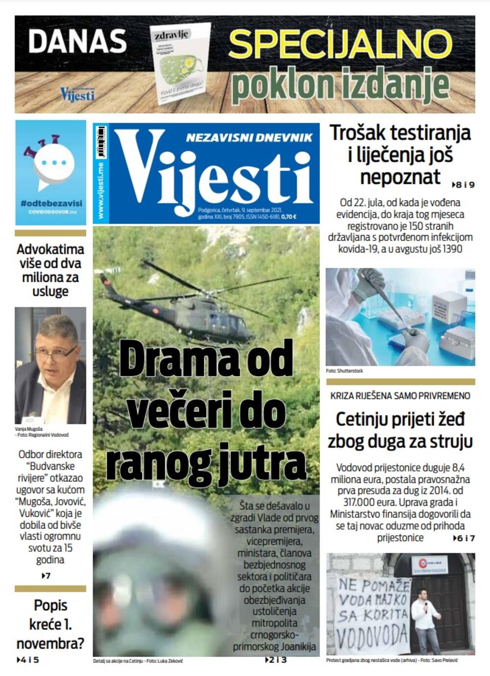 Naslovna strana "Vijesti" za 9. septembar 2021. godine, Foto: Vijesti