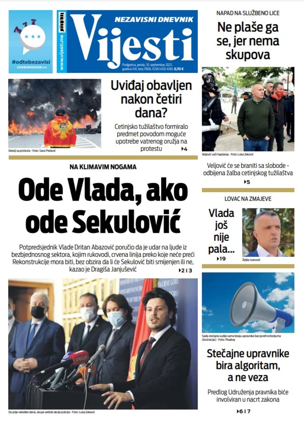 Naslovna strana "Vijesti" za 10. septembar 2021. godine, Foto: Vijesti